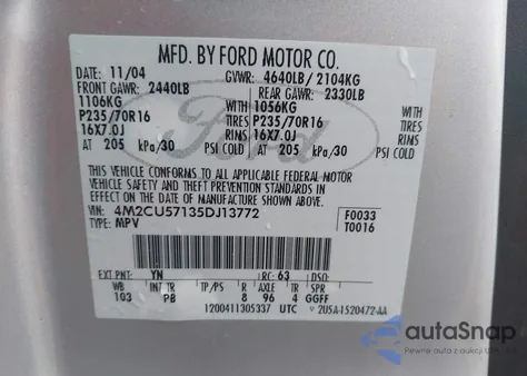 2005 Mercury Mariner Luxury/Premier z USA, uszkodzony, nr VIN 4M2CU57135DJ13772